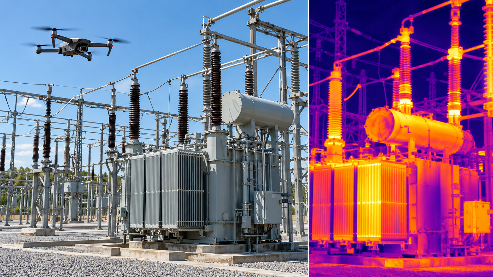 Drone inspecting an electrical substation transformer, shown alongside a thermal image