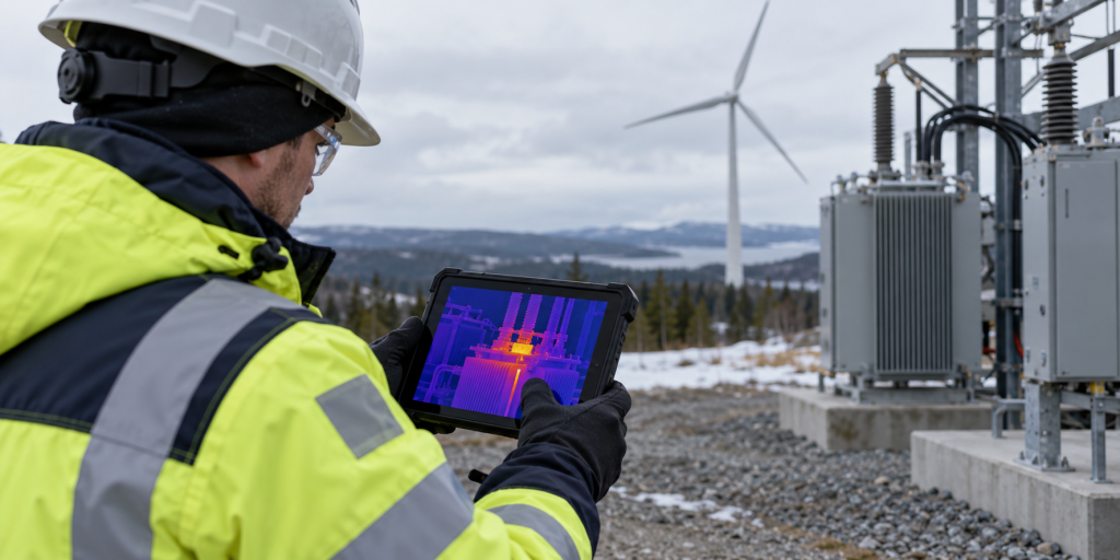 Inspector reviewing infrared imagery of electrical equipment at a wind energy facility